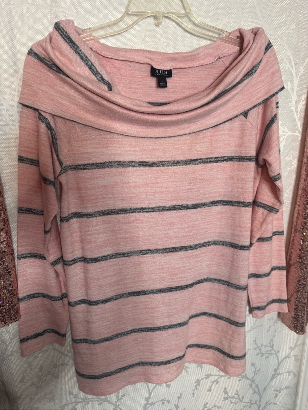 a.n.a Blush Pink and Gray Striped Cowl Neck Sweater